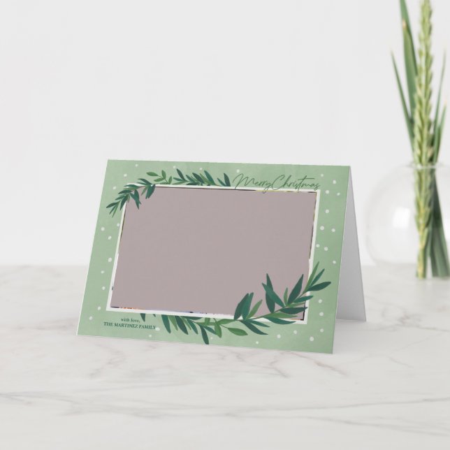 Cartão De Festividades Verde Botânico Moderno Foto Feliz Natal (Frente)