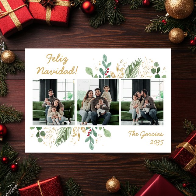 Cartão De Festividades Verde Botânico Moderno Foto Feliz Navidad (Criador carregado)