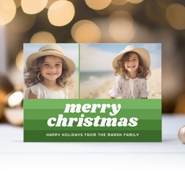 Cartão De Festividades Verde com linha de Feliz Retroativa - 2 Foto - Víd (Retro Stripe Christmas Card with 2 Photos - Vibrant Olive Green Shades - Print and Download Option)