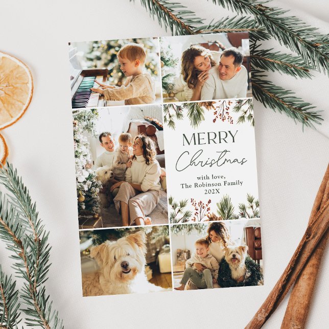 Cartão De Festividades Verde de Colagem de Fotos de Natal da Família (Criador carregado)