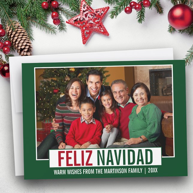 Cartão De Festividades Verde de Foto da Família Moderno Feliz Navidad (Customize to add text to back of card.)