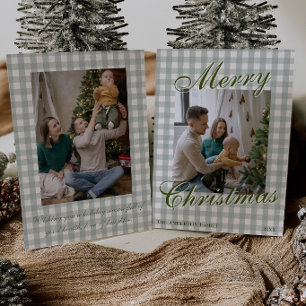 Cartão De Festividades Verde Dinheiro Antigo Gingham Foto de Família Nata