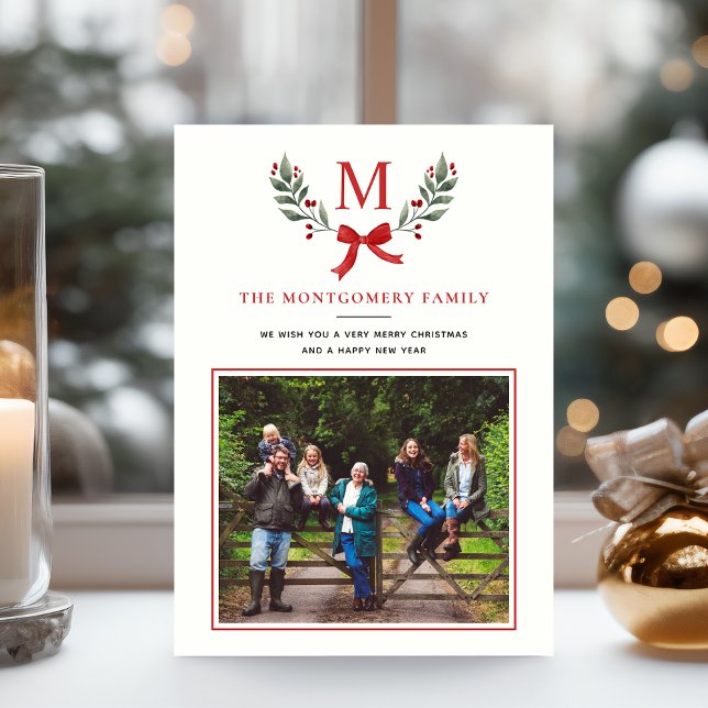 Cartão De Festividades Verde Elegante e Água Branca Holly Greenery (Criador carregado)