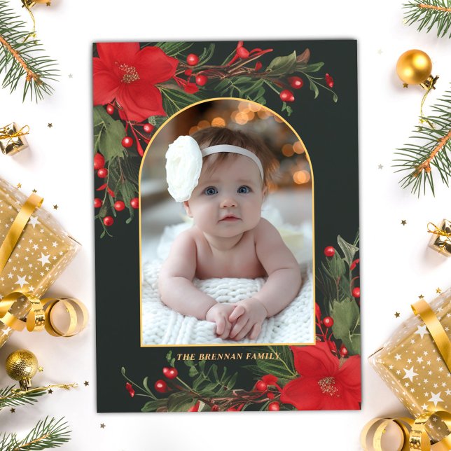 Cartão De Festividades Verde Feliz Natal 1 Foto Verde Botânica (Green Merry Christmas 1 Photo Botanical Greenery Holiday Card)