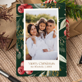 Cartão De Festividades Verde Tradicional Berries Duas Fotografias Natal