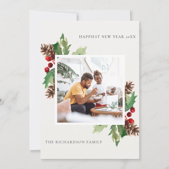 CARTÃO DE FESTIVIDADES VERDE VERDE HOLLY BERRY PINE CONE ANO NOVO FOTO (Frente)