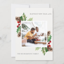 CARTÃO DE FESTIVIDADES VERDE VERDE HOLLY BERRY PINE CONE ANO NOVO FOTO