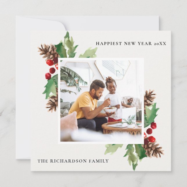 CARTÃO DE FESTIVIDADES VERDE VERDE HOLLY BERRY PINE CONE ANO NOVO FOTO (Frente)