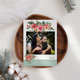 Cartão De Festividades Verde Vermelho Floral Adiciona Sua Própria Foto Na