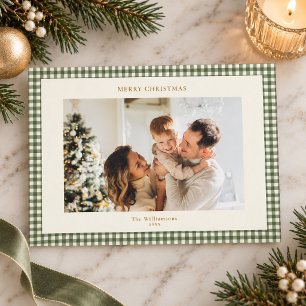 Cartão De Festividades Verde Xadrez Gingham Feliz Natal Foto da Família