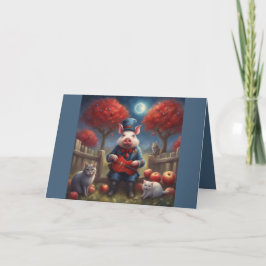 Cartão De Festividades Vermelho branco e azul Maçãs de outono e porco ele