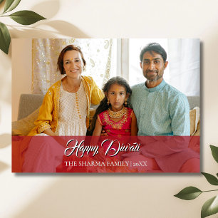 Cartão De Festividades Vermelho Carmesim Elegante Foto Feliz Diwali