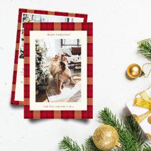 Cartão De Festividades Vermelho Clássico Xadrez Tartan Foto Carta Natal