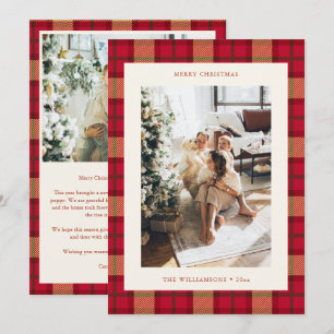 Cartão De Festividades Vermelho Clássico Xadrez Tartan Foto Carta Natal