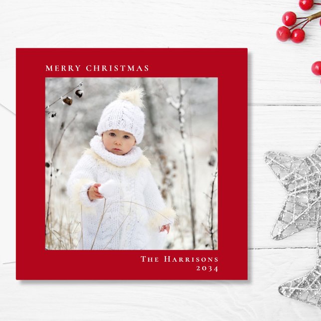 Cartão De Festividades Vermelho de Foto de Natal Mínimo Moderno (Share the love and warmth of the season with your personalized photo Christmas card)