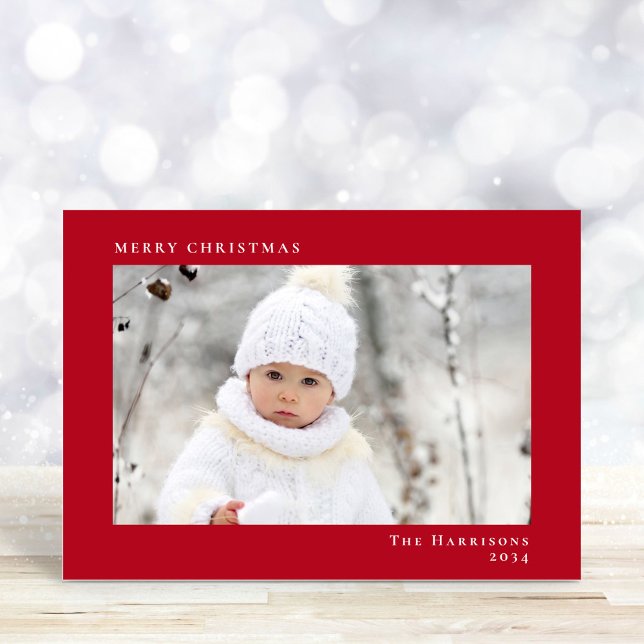 Cartão De Festividades Vermelho de Foto de Natal Mínimo Moderno (Share the love and warmth of the season with your personalized photo Christmas card)