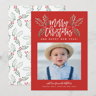 Cartão De Festividades Vermelho gredoso da foto de Hollies do Natal do