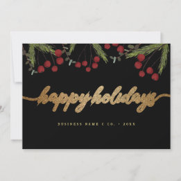 Cartão De Festividades Vermelho Holly Preto & Ouro Feliz Natal Corporativ