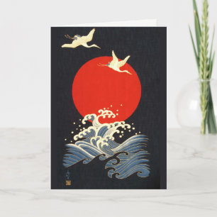 CARTÃO DE FESTIVIDADES VERMELHO, JAPONÊS VOANDO CRANES, ONDAS MARÍTIMAS E