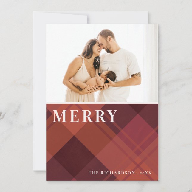 Cartão De Festividades Vermelho Maroon Marsala Xadrez 1 Foto Feliz Natal (Frente)