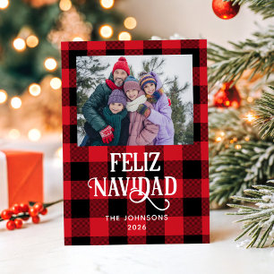 Cartão De Festividades Vermelho Plaid Búfalo Feliz Navidad Decorativo