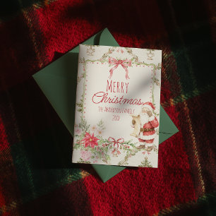 Cartão De Festividades Vermelho Verde Floral Papai Noel Laço Chic Natal