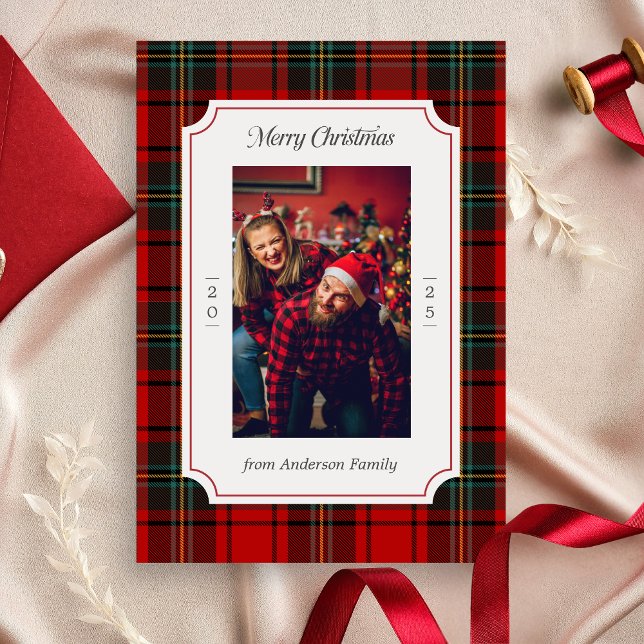 Cartão De Festividades Vermelho Xadrez Feliz Natal (Red Plaid Modern Merry Christmas Holiday Card)