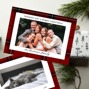 Cartão De Festividades Vermelho Xadrez Natal Duas Fotos Horizontais Perso