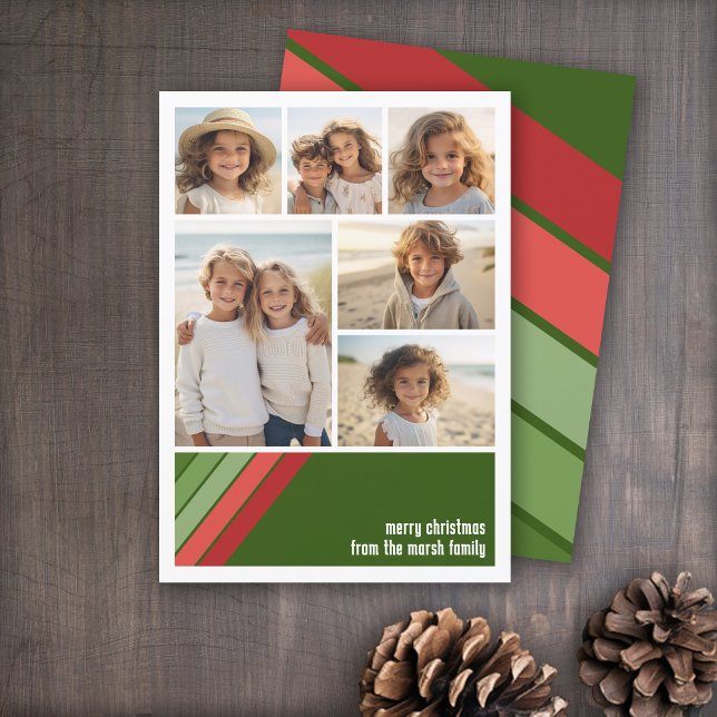 Cartão De Festividades Vermelhos Vermelhos - 6 Colagem de Fotos (Red and Green Retro Stripe Holiday Card with an 6 Photo Collage template)