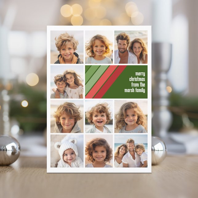 Cartão De Festividades Vermelhos Vermelhos - Colagem de Fotos 10 (Red and Green Retro Stripe Holiday Card with an 10 Photo Collage template)