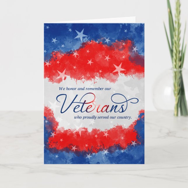 Cartão De Festividades Veteranos Vermelho Vermelho Branco e Azul Aquarela (Frente)