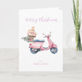 Cartão De Festividades Viagem de compras de Natal de scooter rosa