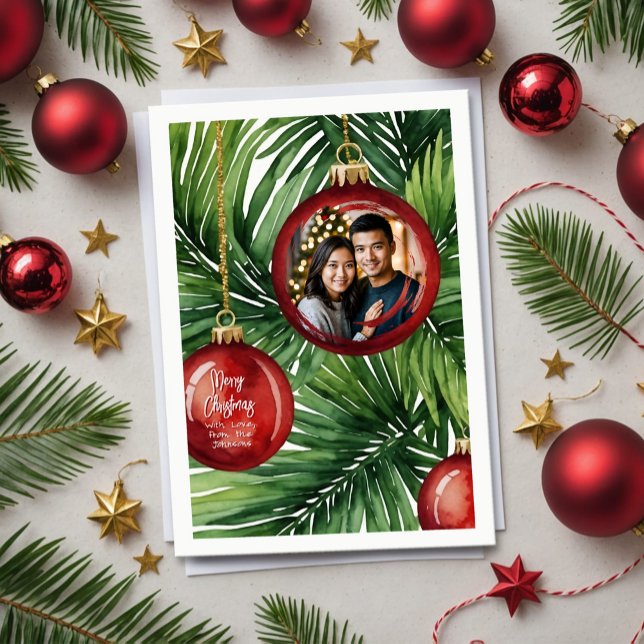 Cartão De Festividades Vibrant Tropical Christmas Palm Watercolor Photo (Tropical Christmas card with red ornaments and palm fronds, personalized with your holiday photo.)