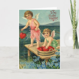 Cartão De Festividades Victorian Cupid Heart Fishing Valentine's Day Card