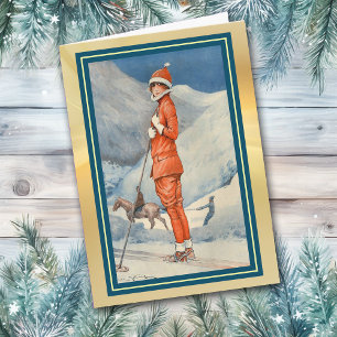 Cartão De Festividades Victorian French Ski Slope Christmas Card