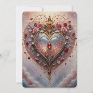 Cartão De Festividades Victorian golden heart, roses and flowers, vintage