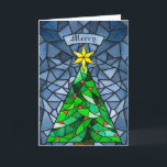 Cartão De Festividades Vidro escondido na árvore natal vintage<br><div class="desc">Estes bonitos cartões de saudação de Natal dobrados de 5" x 7" apresentam um design de vidro colorido de água feito com uma mão com uma árvore de Natal com uma estrela dourada com ornamentos vermelhos com fundo em tons de azul. A saudação editável é "Feliz". O verso tem a...</div>