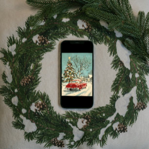 Cartão De Festividades Vila Clássica de Árvore Vermelha de Carro Vermelho