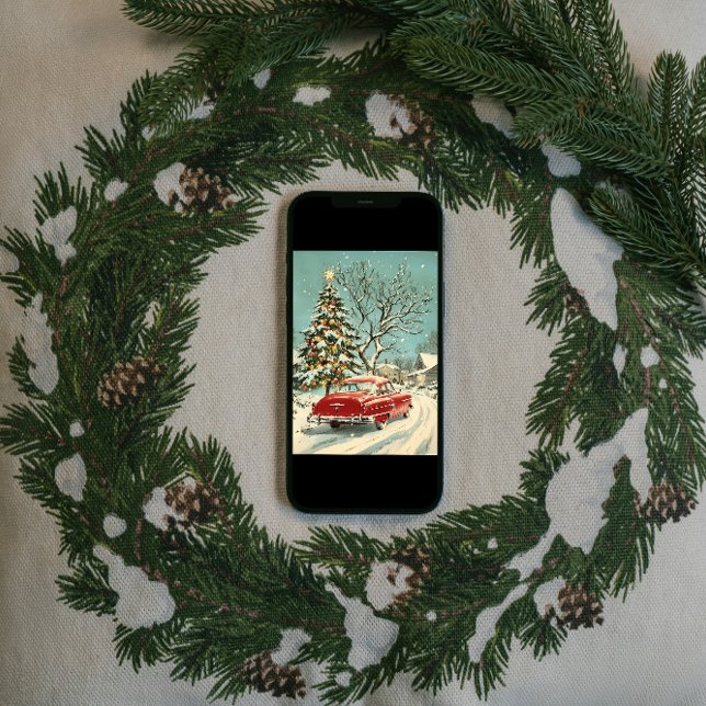 Cartão De Festividades Vila Clássica de Árvore Vermelha de Carro Vermelho (Criador carregado)