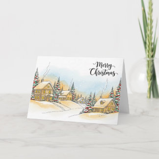 Cartão De Festividades Vila de Natal nevada com cabanas de inverno aconch