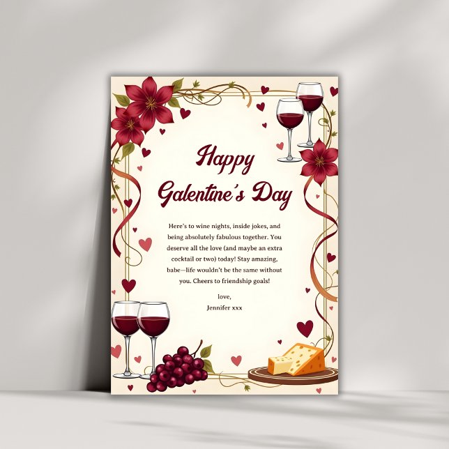Cartão De Festividades Vinho Elegante e Queijo Melhor Amigos de Galentine (Elegant Wine & Cheese Best Friends Galentine’s Day Holiday Card)