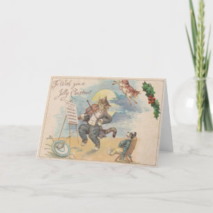 Cartão De Festividades Vintage 1910, Vaca-Cão de Natal Jolly