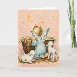 Cartão De Festividades Vintage Angel e Lambs sentados por um gerente