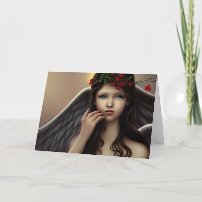 Cartão De Festividades Vintage Angel Red Flowers Vazio (Frente)