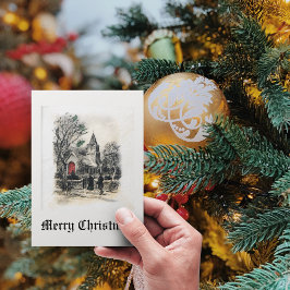 Cartão De Festividades Vintage Antiga Igreja de Natal Moda Branca Negra