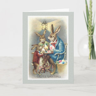 Cartão De Festividades Vintage Antique Easter Card Dressed Rabbit Eggs