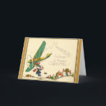 Cartão De Festividades Vintage - apenas deixando cair dentro no Natal,<br><div class="desc">Uma imagem de cartão do natal vintage caracteriza o papai noel que voa baixo em um avião sobre uma vizinhança. A porta do plano abre e deixa cair fora um homem, presentes de Natal e uma grinalda do Natal na neve abaixo. A parte dianteira do cartão diz "apenas deixar cair...</div>