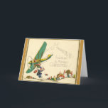 Cartão De Festividades Vintage - apenas deixando cair dentro no Natal,<br><div class="desc">Uma imagem de cartão do natal vintage caracteriza o papai noel que voa baixo em um avião sobre uma vizinhança. A porta do plano abre e deixa cair fora um homem, presentes de Natal e uma grinalda do Natal na neve abaixo. A parte dianteira do cartão diz "apenas deixar cair...</div>