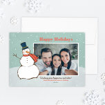 Cartão De Festividades Vintage Aqua Winter Snowman Foto de feriados feliz<br><div class="desc">"Felizes Feriados", cartão com fotos de paisagem, apresenta uma cena de inverno nevado com flocos de neve caindo e um feliz boneco de neve vestido com um chapéu e cachecol. Personalize com sua foto e saudação personalizada abaixo. Design de cor azul/verde, laranja/vermelha e branca com marinho azul e acentos castanho....</div>