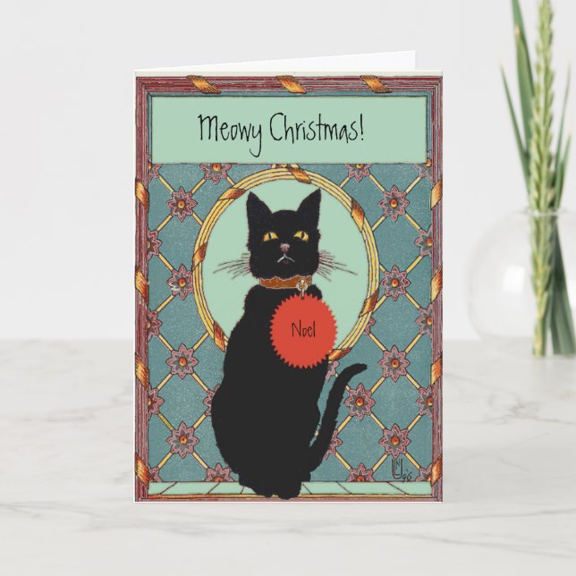 Cartão De Festividades Vintage Art Black Cat "MeowChristmas" (Frente)